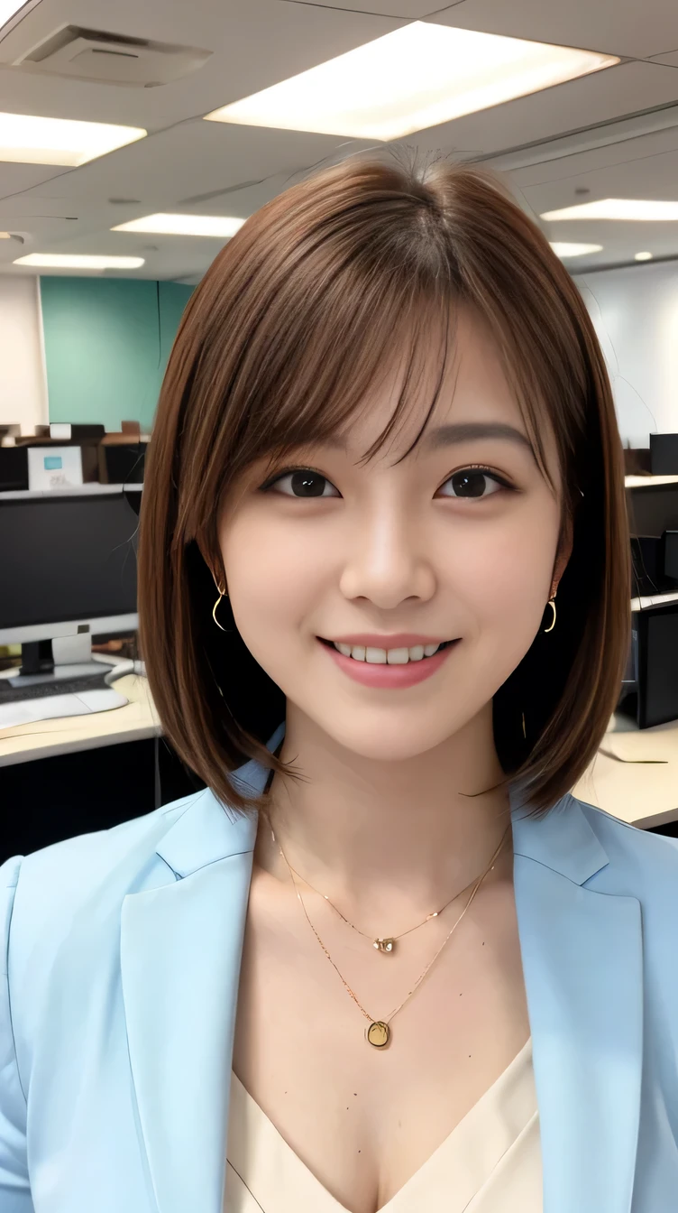 high quality:1.2), RAW Photos, High resolution, Very detailed, Intricate details, short hair、ear piercing、smile、Brown Hair, (Front view, ), Clear beauty, Standing in an office room, Upper Body, (High Quality Fabric, Office Lady Suits 、Necklace around the neck、, The background is the office