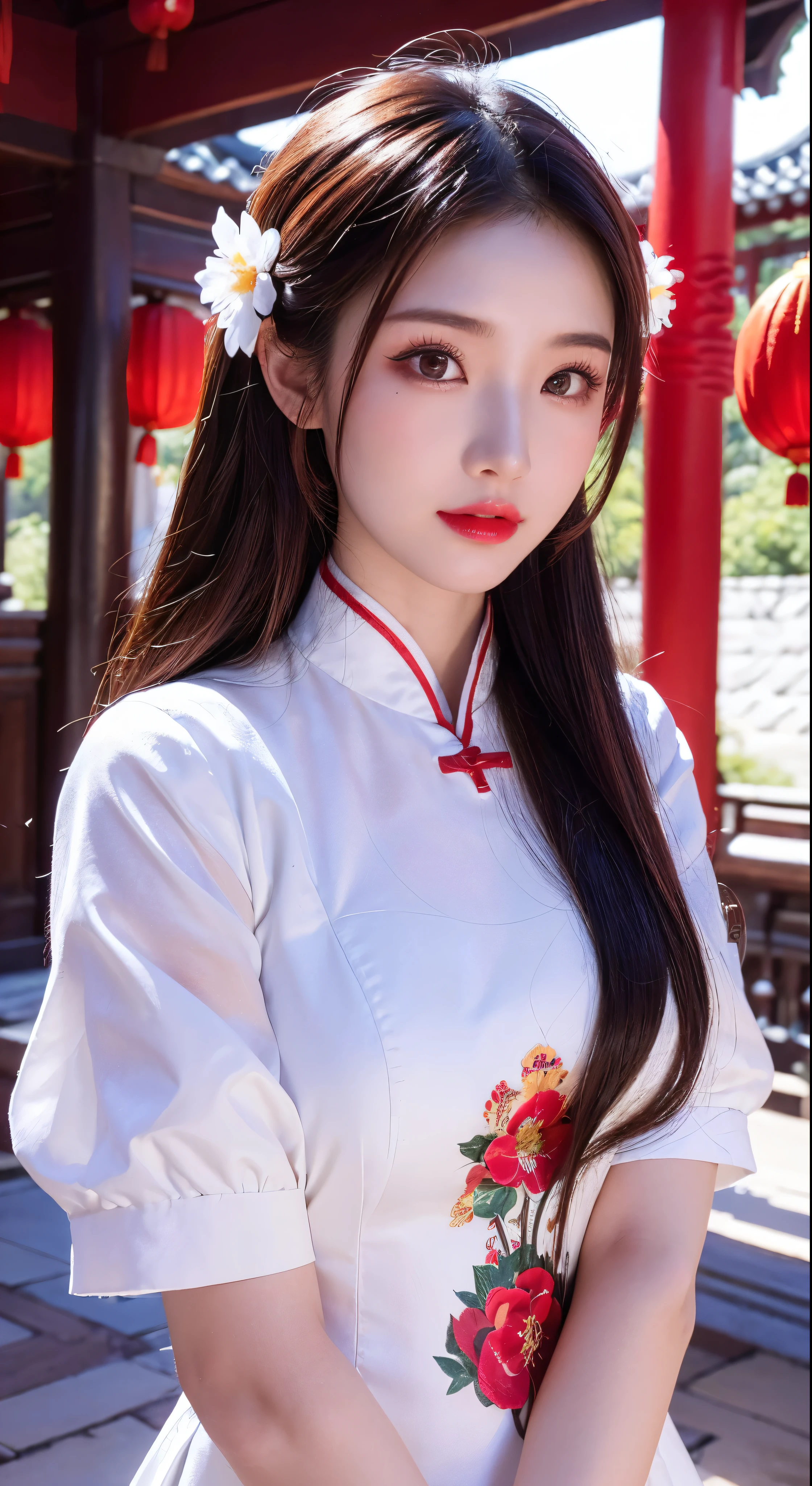 with high definition images,1girl,Upper Body,Facigirl,China dress,Chinese clothing,Hair Flower,(Masterpiece:1.4),(Highest quality:1.4),(Facial details),Red lips,Beholder's Perspective,Chestnut Hair,Parted lips,In the temple grounds。Bright sunshine。The dress is white