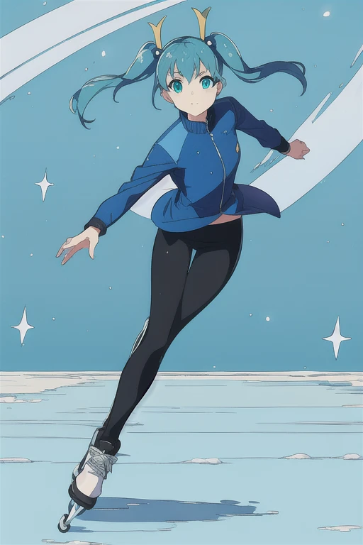 An anime picture, a perfect body, full body, snow background, a princess with twin tails (cyan color), hair ornament, light blue jacket, long sleeves, black leggings, ice skating shoes, and black leggings. ice skating