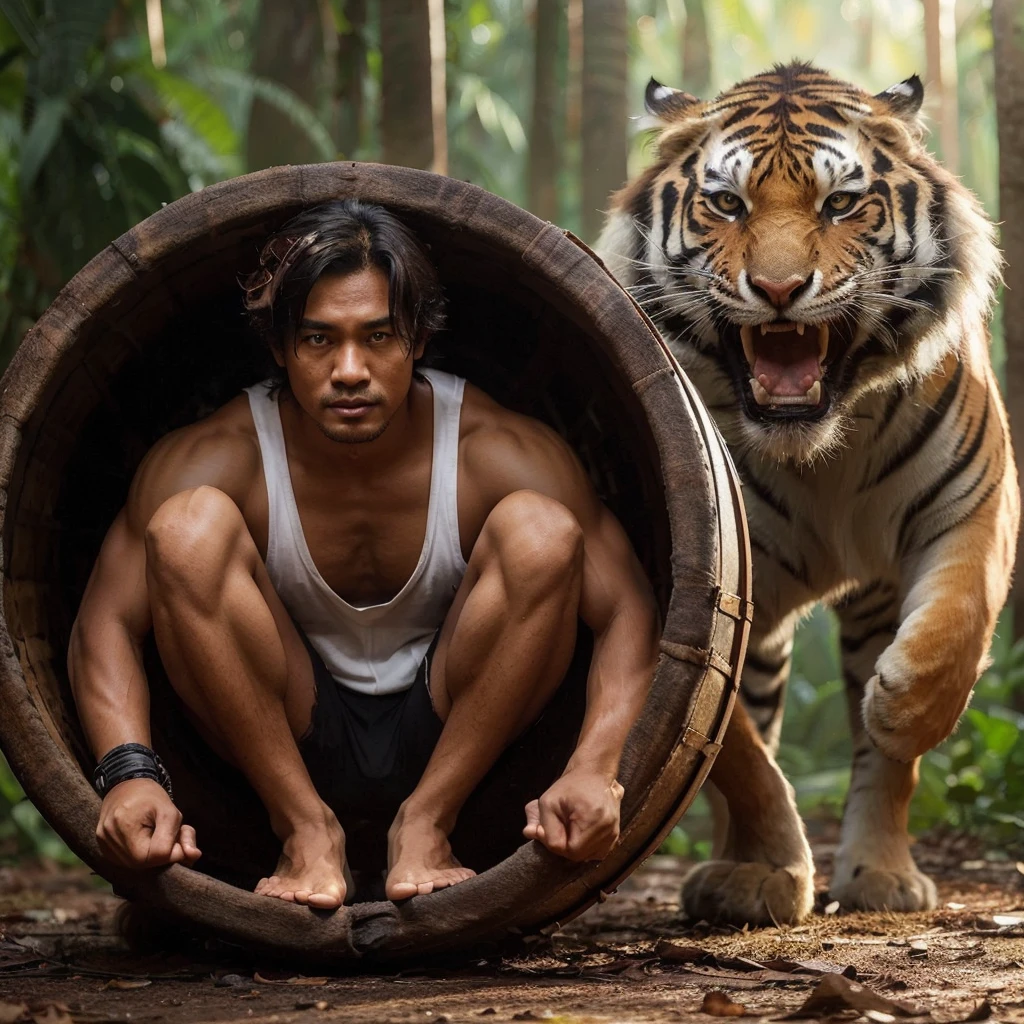 A handsome 30-year-old Indonesian man with layered hair, wearing a white singlet and black shorts, is crouching and hiding inside a large drum. His face shows fear. Behind the drum, an angry tiger searches for the man. The background is a jungle.