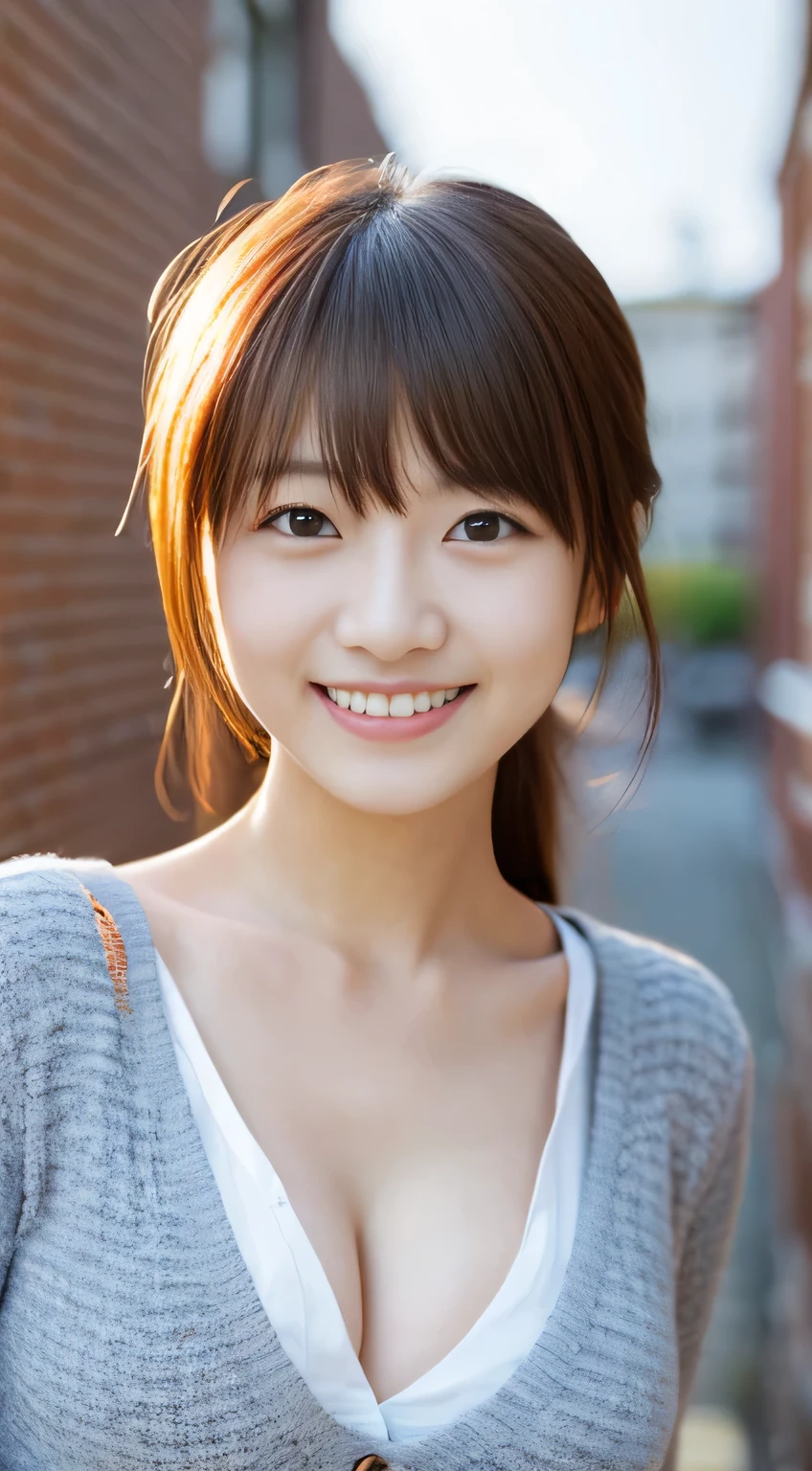 masterpiece,best quality,(Japanese ),((Beautiful girl)),cleavage,(perfect body beauty:1.2),(shy smile),beautiful teeth,(Blurred background of brick buildings),