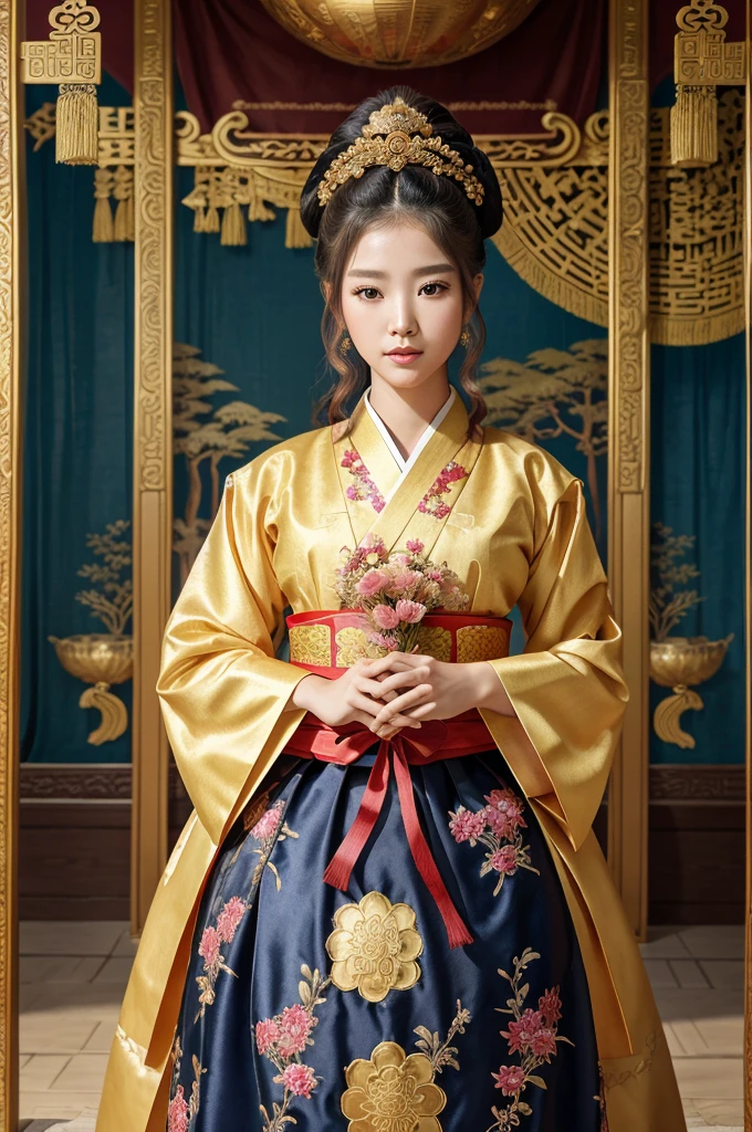 *a beautiful princess in a traditional korean hanbok, her hair is in a knot on top of her head held together by a large golden ornament, behind her is an ornate screen and a tapestry depicting a waterfall scene, it really gives a sense of the beautiful Korean art and culture, realistic, Korean art, full body view, large hall, ornate background*