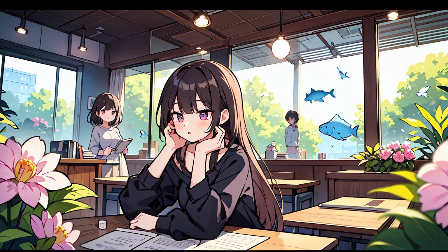 (masterpiece, best quality),2 women, different hair colors, different faces, flower, long hair, letterboxed, Aquarium, looking for, perfection of fashion,chapped lips, black hair,casual attire, whole body, from the side, pink flower, brown hair, depth of field ,유리창 밖 거대한 초대형 Aquarium, In a spacious café, study at desk,My eyes are on the note, together, stylish outfit,
