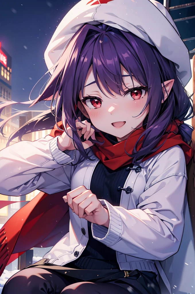 yuukikonno, Konno Yuuki, Long Hair, Pointed Ears, Purple Hair, (Red eyes:1.5), (Small breasts:1.2), Open your mouth,happy smile, smile, Open your mouth,Knitted hat,Red Scarf,Purple long coat,V-neck sweater,Skinny jeans,short boots,snowが降っている,snowが降り積もっている,snow,snow,snow,snow,winter,Cold night,Walking,whole bodyがイラストに入るように,Looking down from above,
break looking at viewer,  whole body,
break outdoors, In town,
break (masterpiece:1.2), Highest quality, High resolution, unity 8k wallpaper, (figure:0.8), (Beautiful attention to detail:1.6), Highly detailed face, Perfect lighting, Highly detailed CG, (Perfect hands, Perfect Anatomy),
