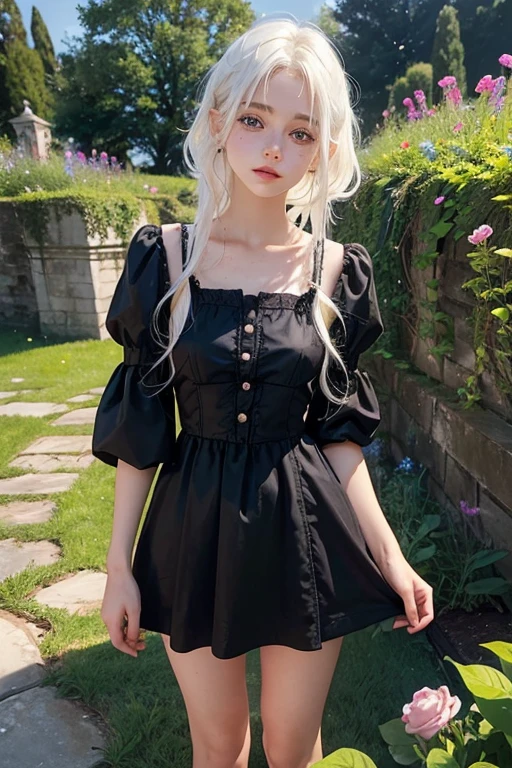 A young girl of 20 years, with , He has short, curly white hair.. she is very pretty, with Slavic skin and freckles, and she is wearing a short black princess dress, showing her legs, It is located in the garden of a castle.