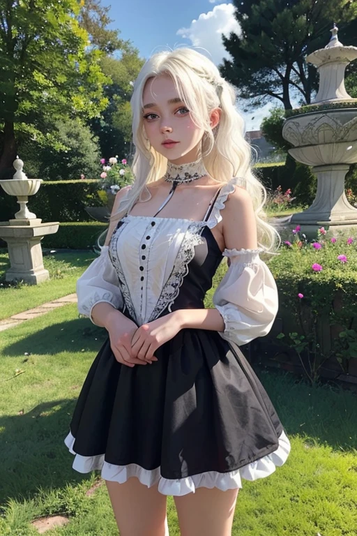 a 20 year old girl, with , He has short, curly white hair.. she is very pretty, with Slavic skin and freckles, and she is wearing a long orange dress from the Victorian era. It is located in the garden of a castle,