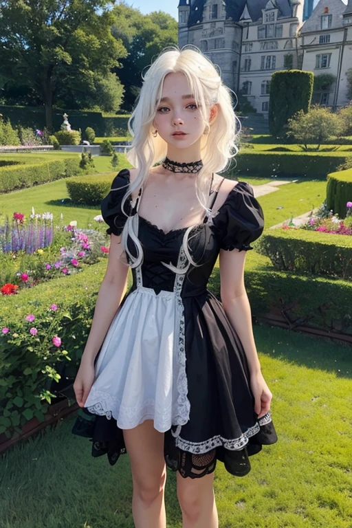 a 20 year old girl, with , He has short, curly white hair.. she is very pretty, with Slavic skin and freckles, and she is wearing a long orange dress from the Victorian era. It is located in the garden of a castle,