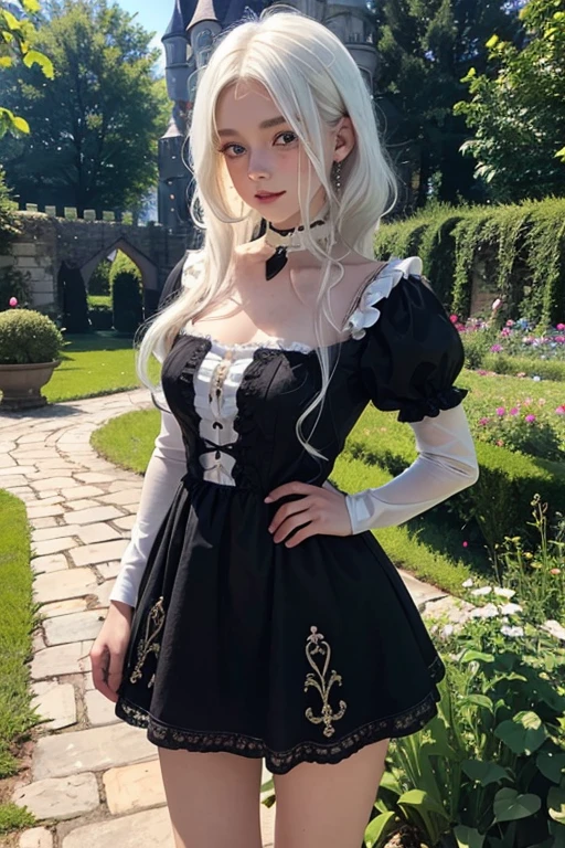A young girl of 20 years, with , He has short, curly white hair.. she is very pretty, with Slavic skin and freckles, and she is wearing a short black princess dress, showing her legs, It is located in the garden of a castle.