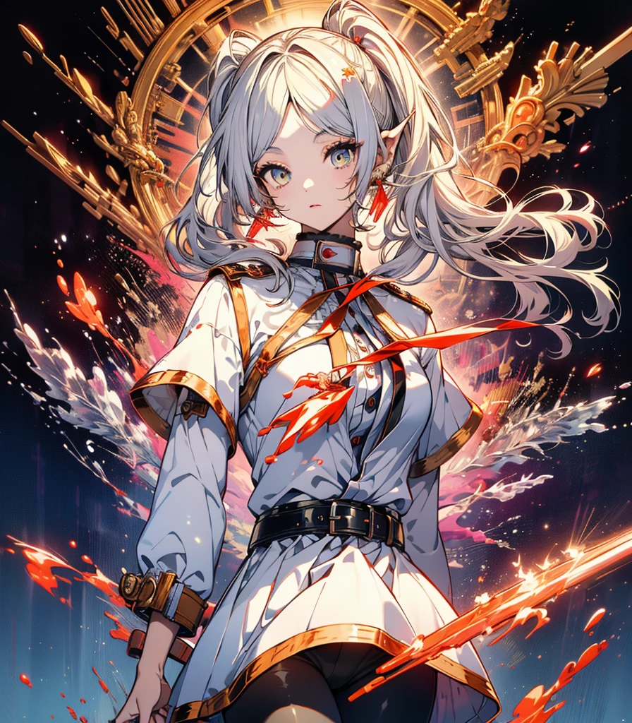 ((Highest quality)), ((masterpiece)), (detailed), Long Hair, Gray Hair, Twin tails, Pointed Ears, Earrings, Thick eyebrows, White capelet, Striped shirt, Long sleeve, belt, White Skirt, Black Pantyhose High resolution Holding a walking stick ,freeze,Upper Body