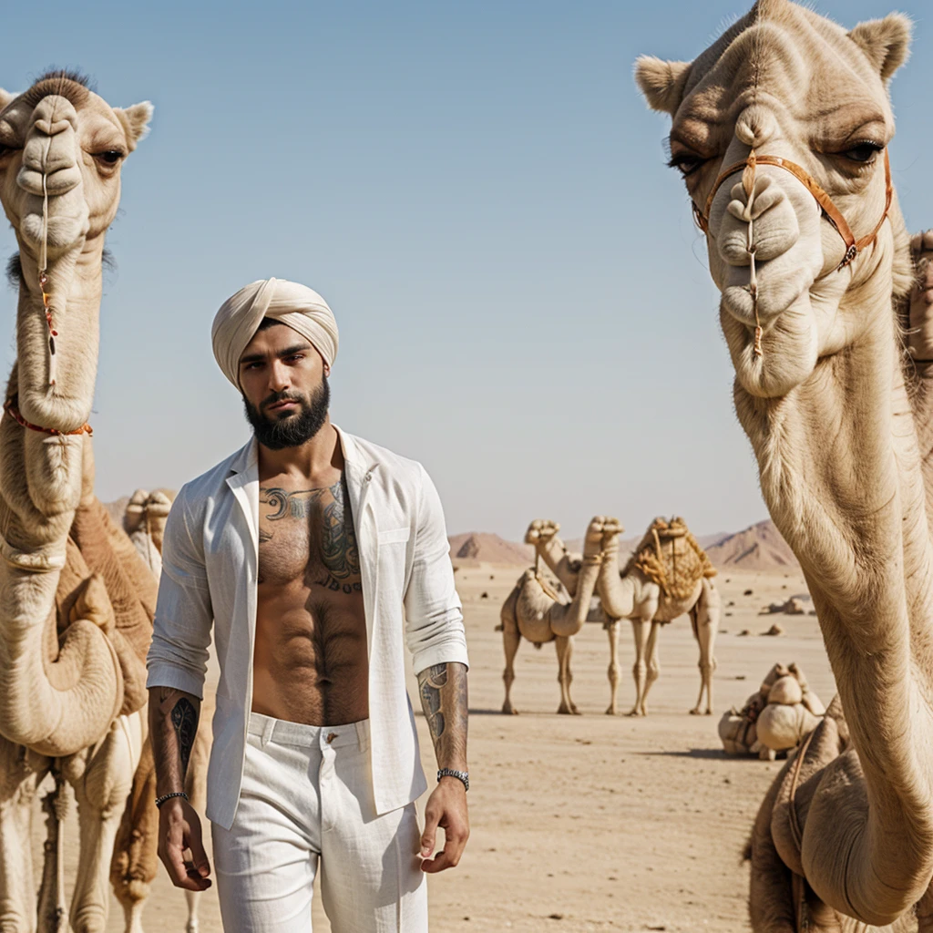 a beautiful model cyberpunk criminal young man, strong muscular man, dark hair, grey eyes, tattooed, short beard, standing in a desert oasis, bare chest, Arabic turban, white linen trousers, looking away from camera, (standing next to a camel:1.3), one hand behind head