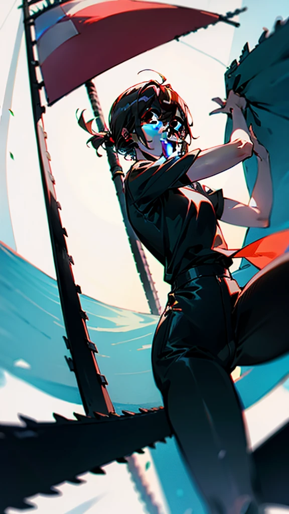 makima, chainsaw man, makima holding a flag and waving a flag in the air, ultra sharp, 8k, looking at viewer