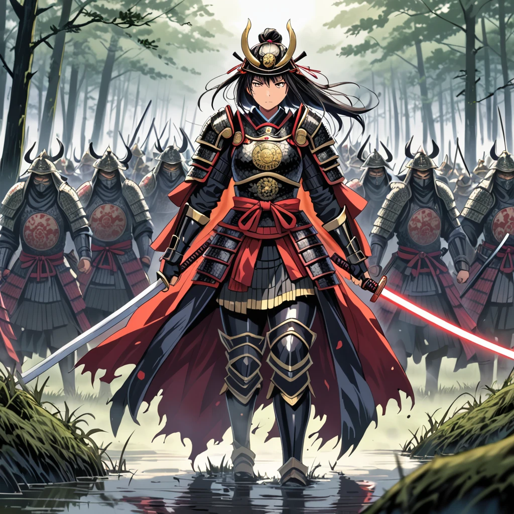 Beautiful Japanese woman in intricately detailed fantasy samurai armor, charging through a foggy swamp battlefield, surrounded by clashing samurai armies. Dramatic lighting and shadows highlight her determined expression, her surcoat bearing her family's crest. High quality, masterpiece.
