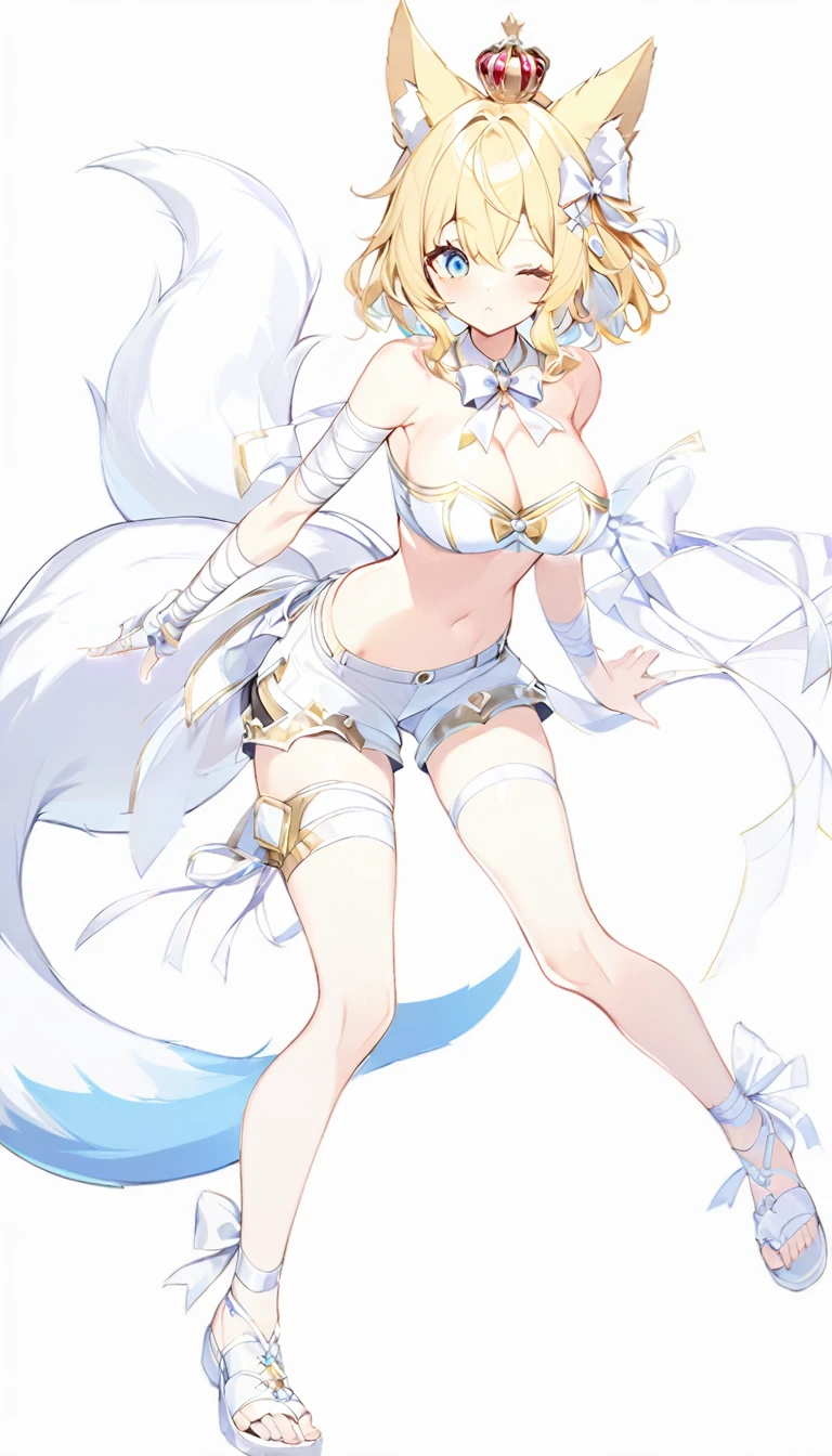 1girl, bare shoulders, bow, crop top,big breasts, detached collar, open chest ,, frills, , white bow,white bowtie, white ribbon, , strapless,one eye is blue the other is yellow,, bloomers, frills, lace, midriff, , bandaged arm, bandaged hand, bandages, short yellow hair, a crown with an white diamond on the back of the head, tail, empty background, fox ears,white round diamond on bangs,knee , ankle lace-up, ankle ribbon, bow, leg ribbon, lineart, sandalsfluffy tailLovely eyesall-white clothes, shorts,white shoes