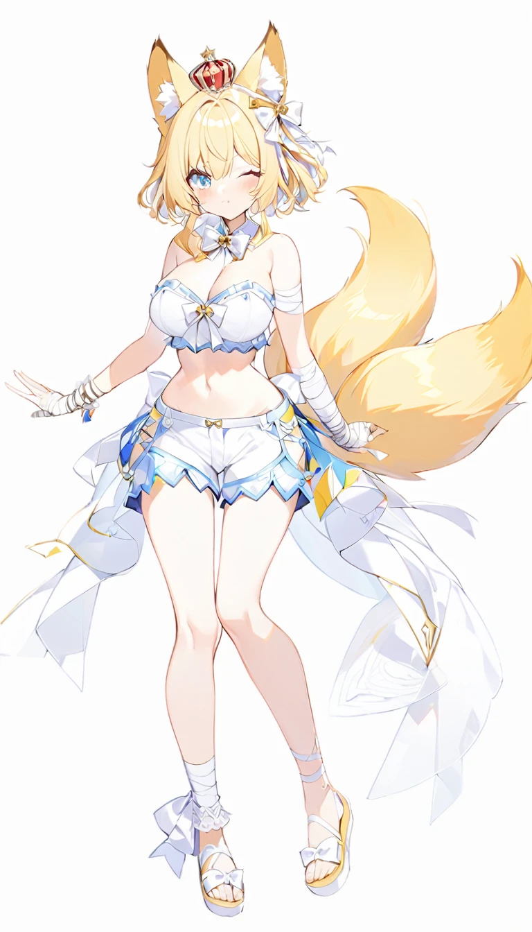 1girl, bare shoulders, bow, crop top,big breasts, detached collar, open chest ,, frills, ,  white bow,white  bowtie,  white ribbon, , strapless,one eye is blue the other is yellow,, bloomers, frills, lace, midriff, , bandaged arm, bandaged hand, bandages, short yellow hair, a crown with an white diamond on the back of the head, tail, empty background, fox ears,white  round diamond on bangs,knee , ankle lace-up, ankle ribbon, bow, leg ribbon, lineart, sandalsfluffy tailLovely eyesall-white clothes, shorts,white shoes
