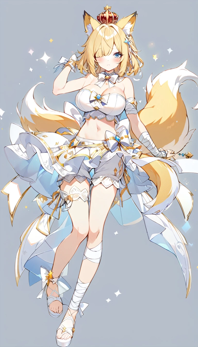1girl, bare shoulders, bow, crop top,big breasts, detached collar, open chest ,, frills, , white bow,white bowtie, white ribbon, , strapless,one eye is blue the other is yellow,, bloomers, frills, lace, midriff, , bandaged arm, bandaged hand, bandages, short yellow hair, a crown with an white diamond on the back of the head, tail, empty background, fox ears,white round diamond on bangs,knee , ankle lace-up, ankle ribbon, bow, leg ribbon, lineart, sandalsfluffy tailLovely eyesall-white clothes, shorts,white shoes