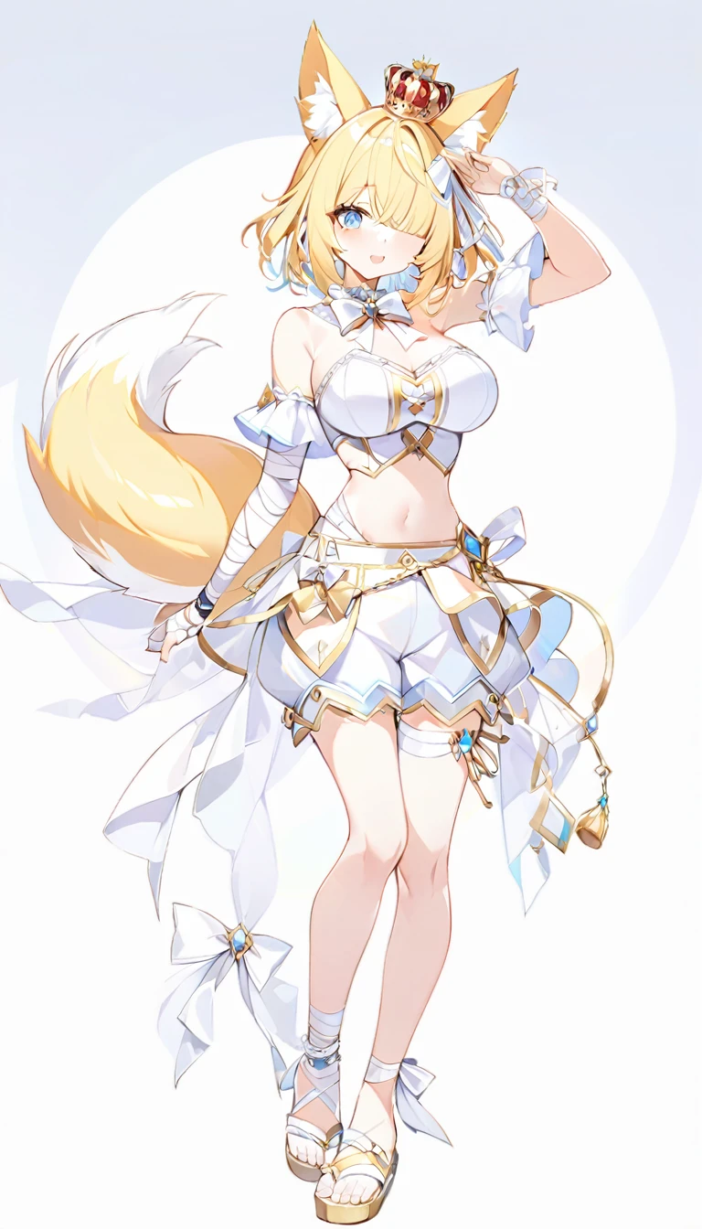 1girl, bare shoulders, bow, crop top,big breasts, detached collar, open chest ,, frills, , white bow,white bowtie, white ribbon, , strapless,one eye is blue the other is yellow,, bloomers, frills, lace, midriff, , bandaged arm, bandaged hand, bandages, short yellow hair, a crown with an white diamond on the back of the head, tail, empty background, fox ears,white round diamond on bangs,knee , ankle lace-up, ankle ribbon, bow, leg ribbon, lineart, sandalsfluffy tailLovely eyesall-white clothes, shorts,white shoes
