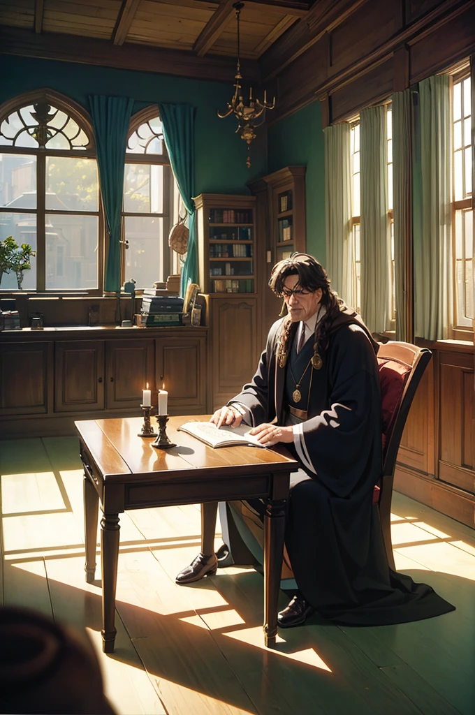 An 80s style office, in a fantasy world, with several book shelves, stuffed animal heads on the walls, a large oak table in the center, a large window and curtains behind the table. An old man wearing a black robe was sitting behind the table. A few candles in the corners illuminate the room. shunlight. ((anime styling))