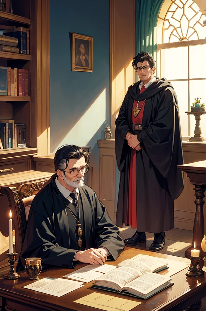 An 80s style office, in a fantasy world, with several book shelves, stuffed animal heads on the walls, a large oak table in the center, a large window and curtains behind the table. An old man wearing a black robe was sitting behind the table. A few candles in the corners illuminate the room. shunlight. ((anime styling))