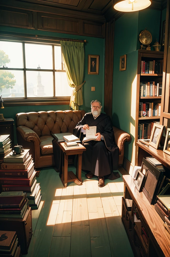 An 80s style office, in a fantasy world, with several book shelves, stuffed animal heads on the walls, a large oak table in the center, a large window and curtains behind the table. An old man wearing a black robe was sitting behind the table. A few candles in the corners illuminate the room. shunlight. ((anime styling))