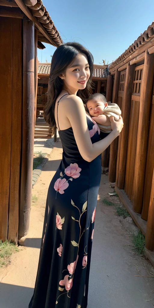 {{masterpiece, best quality, extremely detailed CG, unity 8k wallpaper, cinematic lighting}}, traditional Chinese ink painting, 1girl, 1baby, young woman holding a baby, full body, ancient architecture, blue sky, sunny day, wooden architecture, prominent protagonist, smile, big eyes, beautiful detailed eyes, (medium breasts, cleavage), round ass, looking at the audience, long eyelashes,