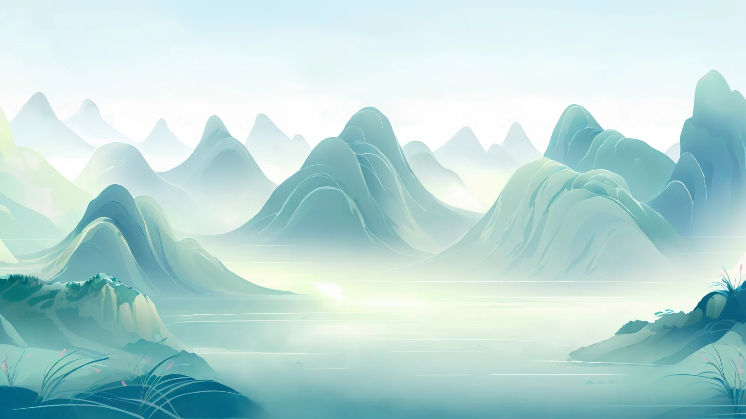there is a picture of a mountain scene with a lake, ethereal landscape, floating mountains, futuristic landscape, mountainous background, flowing hills, mountains in fog background, avatar landscape, mountains in a background, digital landscape art, ice mountains in the background, some mountains in the background, abstract nature landscape, ethereal background, background mountains, low detailed. digital painting, misty background