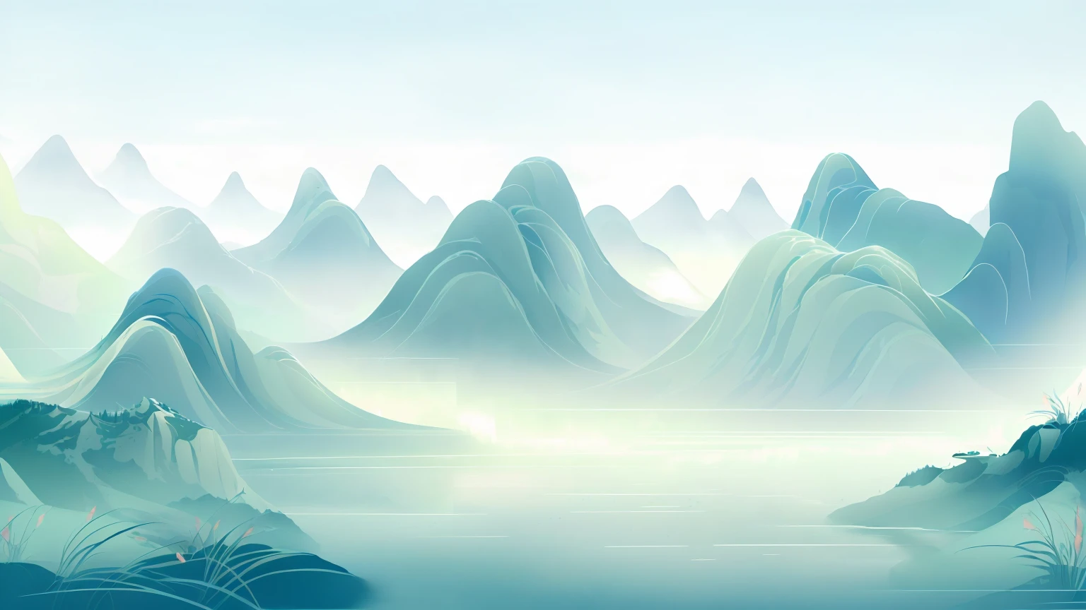 there is a picture of a mountain scene with a lake, ethereal landscape, floating mountains, futuristic landscape, mountainous background, flowing hills, mountains in fog background, avatar landscape, mountains in a background, digital landscape art, ice mountains in the background, some mountains in the background, abstract nature landscape, ethereal background, background mountains, low detailed. digital painting, misty background
