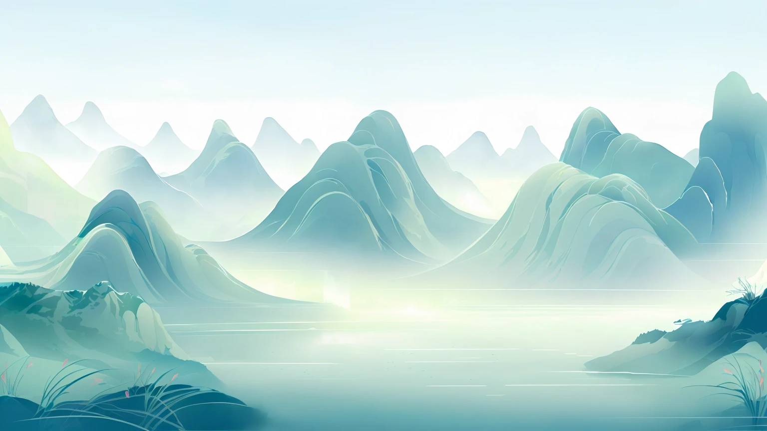 there is a picture of a mountain scene with a lake, ethereal landscape, floating mountains, futuristic landscape, mountainous background, flowing hills, mountains in fog background, avatar landscape, mountains in a background, digital landscape art, ice mountains in the background, some mountains in the background, abstract nature landscape, ethereal background, background mountains, low detailed. digital painting, misty background