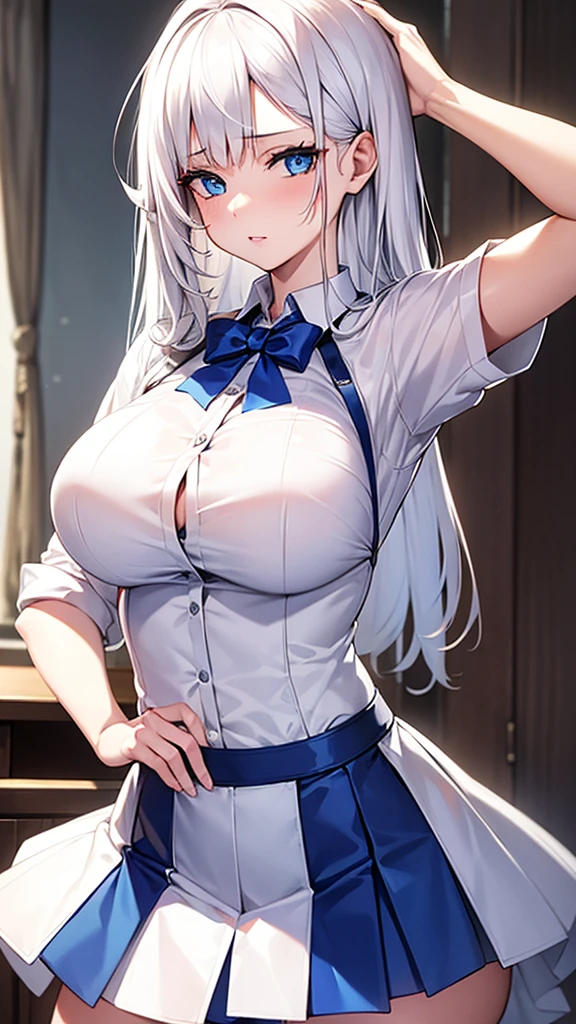 Beautiful girl, white hair, big blue eyes, tight white pleated skirt, button up shirt, perky Breasts, extremely detailed 