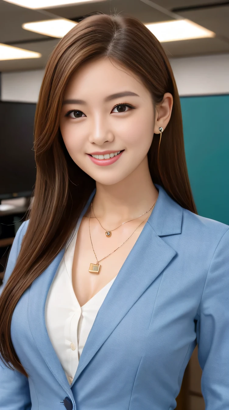 high quality:1.2), RAW Photos, High resolution, Very detailed, Intricate details, 、ear piercing、smile、Brown Hair, (Front view, ), Clear beauty, Standing in an office room, Upper Body, (High Quality Fabric, Office Lady Suits 、Necklace around the neck、, The background is the office

