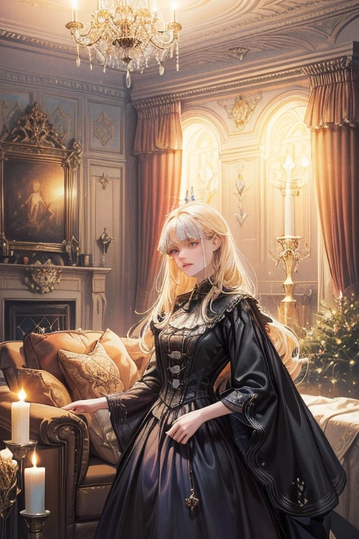 Interior, victorian Manor with reliquies, (((Nigth))), (((moonligth enters the living room))) soft pale orange palette, soft violet secundary exterior ligth