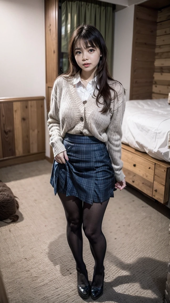 (((8k、High resolution、Highest quality、High resolution)))alone、Natural body shape、White skin、Natural Makeup、((Black Hair、bangs、Straight Long Hair))、(((((skirt lift)))))、、(:1.4)、(())、(((((Full body photo)))))、(((Looking into the camera)))、(((Wear a uniform on the upper body)))、Bedroom、(((Of high school))) 、((white collared long sleeve blouse))、((Beige cardigan))、((Pleated skirt with dark blue plaid pattern、mini skirt、Ultra-realistic pantyhose))、、、Expressionless、((Exposing thighs))