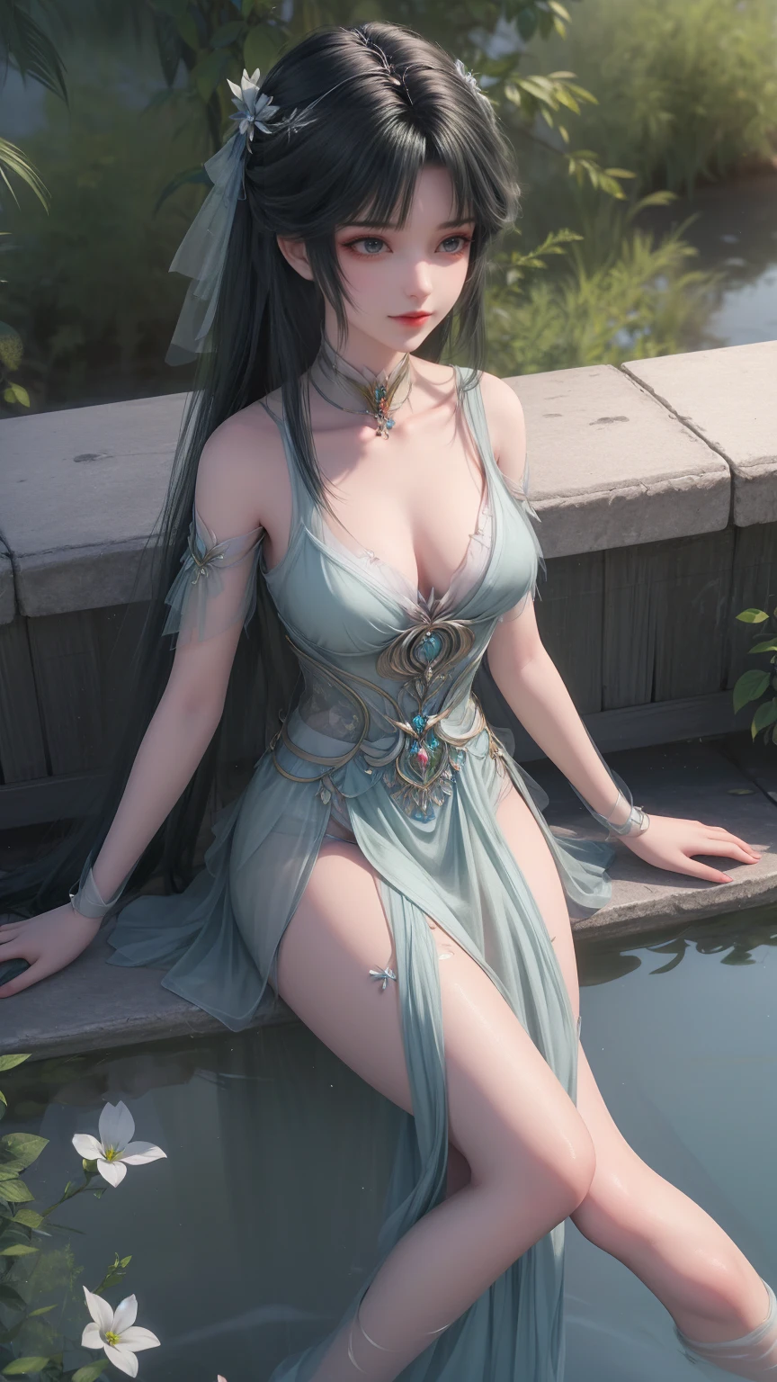 Arad woman in a dress sitting at the table, closeup fantasy with water magic, 2. 5D CGI Anime Fantasy Artwork, Anime fantasy illustration, Detailed digital anime art, Beautiful fantasy anime, Smooth anime CG art, Anime Fantasy Artwork, 8k high quality detailed art, Realistic anime 3D style, Ultra detailed water, Beautiful and attractive anime woman