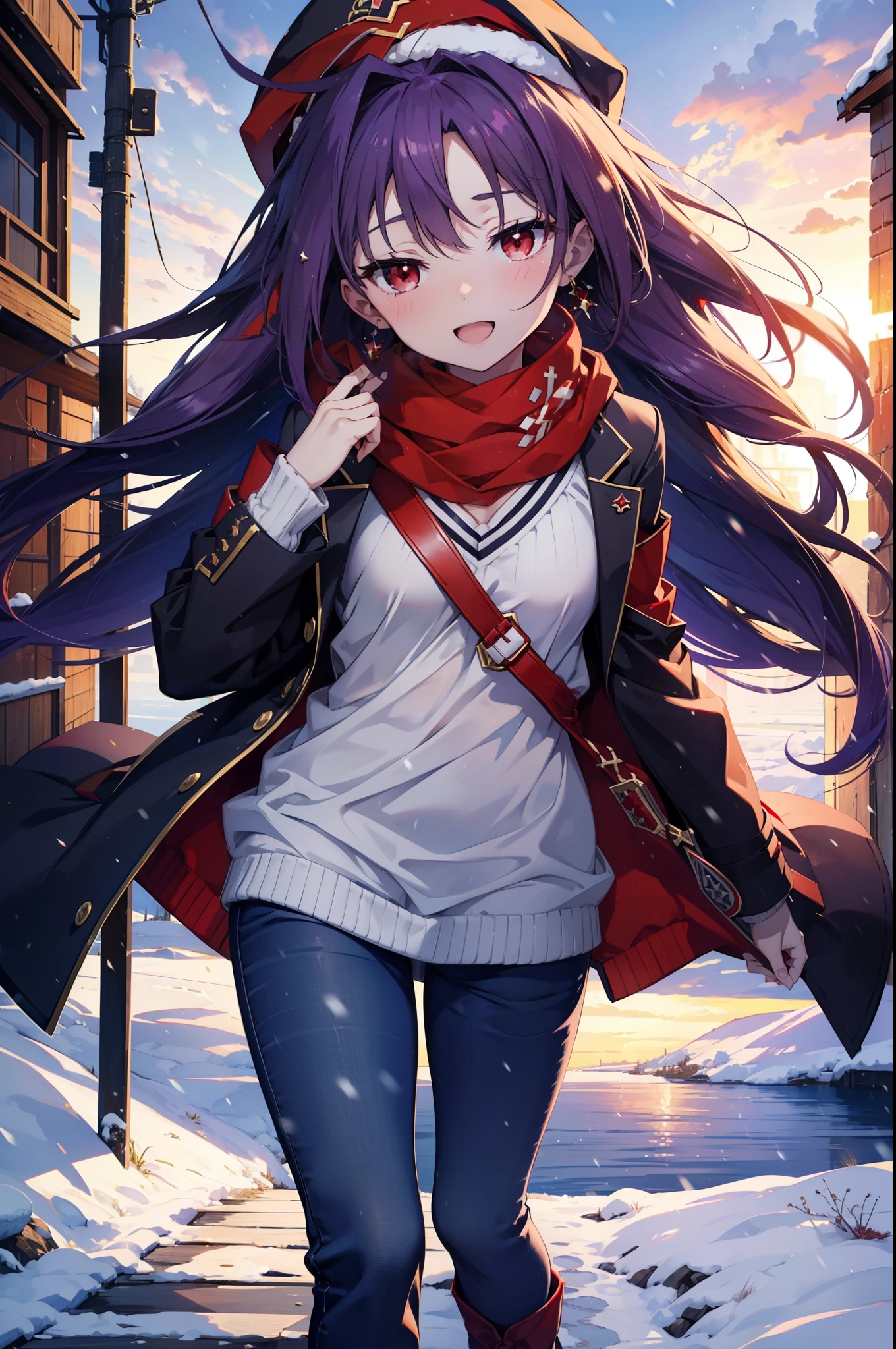 yuukikonno, Konno Yuuki, Long Hair, Pointed Ears, Purple Hair, (Red eyes:1.5), (Small breasts:1.2), Open your mouth,happy smile, smile, Open your mouth,Knitted hat,Red Scarf,Purple long coat,V-neck sweater,Skinny jeans,short boots,snowが降っている,snowが降り積もっている,snow,snow,snow,snow,winter,Cold night,Walking,whole bodyがイラストに入るように,Looking down from above,
break looking at viewer, whole body,
break outdoors, In town,
break (masterpiece:1.2), Highest quality, High resolution, unity 8k wallpaper, (figure:0.8), (Beautiful attention to detail:1.6), Highly detailed face, Perfect lighting, Highly detailed CG, (Perfect hands, Perfect Anatomy),