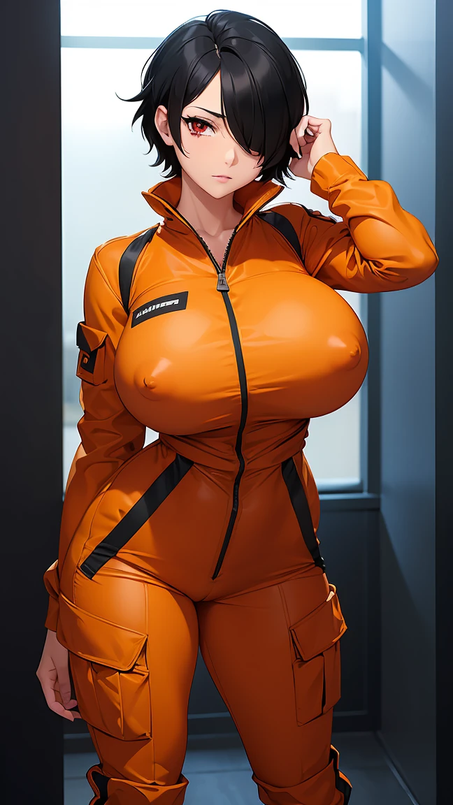 score_9, score_8_up, score_7_up, score_6_up, score_5_up, score_4_up,(Black Hair),(orange hidden highlights),short hair,(Red eyes),Gentle expression,(((Hair on one eye))),very big breasts,Erect nipples,Jumpsuit,open front,boots