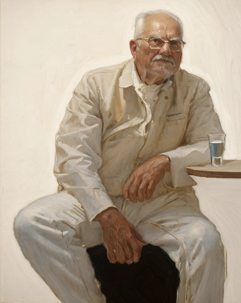 Oil painting of an old man ((best work of art)) ((very contrasted image)) ((White background)) Brown hair, modern, jeans, current white background, Nick Alm, by Andrea Pozzo, Jeremy Lipking, range murata Jeremy Lipking, by Carlo Mense, inspired by Enrique Simonet, sargento marshénnikov, by Michael Ford, krenzcushart, Jeremy Lipking full length shot, by Josep Rovira Soler