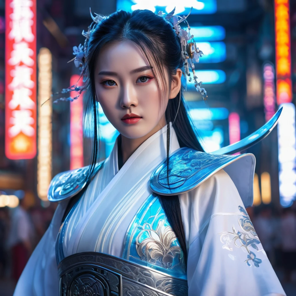 A beautiful Chinese sword girl,kungfu,mature and exquisite facial features, sharp eyes,clear facial features,a scar on one’s face,wearing traditional Chinese white Hanfu and mecha,cyberhanfu, fluttering clothes and hair,Chinese elements,neon realism,Cyberpunk,Cyberpunk style background,futurism, mechanical holographic projection, blue holographic,Hyper-Realistic,details,3D rendering, OC rendering, Unreal Engine,Ultra realistic photography, 16k，HD