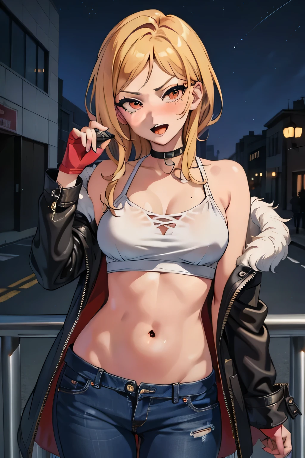 rio momose,  lipstick, blush, Hot girls, baddie, staring, glaring, bad attitude, mean girl, dare, angry, hate, crazy, smoking, sensual, attractive, fur trim, mature female, gloves, fur-trimmed coat, outdoors, rooftop, cityscape, building, railing, night, night sky, scenery, city lights,  jacket, masterpiece,high quality,4k, bare shoulder,belly,crop top,holding pistol,cleavage,jeans,casual
dress,street,road,smile, open mouth, (nsfw) not safe for work, holding a gun,handgun, evil expression,
exposed belly, exposed navel, exposed midriff, exposed lower belly, crop top overhang, underboob,
unbuttoned jeans , low rise black jeans, Low rise jeans, Low rise jeans with open fly, navel piercing