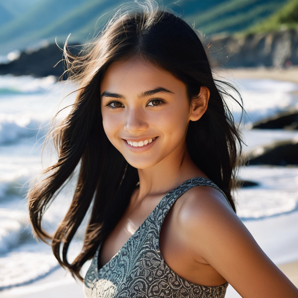 best qualityer, whole body, role model, ultra detaild, photo of a young girl, tight dress, vacation in the mountains, 18 years old, lighting sun, perfectbody, Perfect rare face, very detailed skin, Bblack hair, mock, texture skin, Sharp focus on rare face, perfect brown eyes, photorrealistic, Film grain, looking at the camera, smile, catching waves at the beach