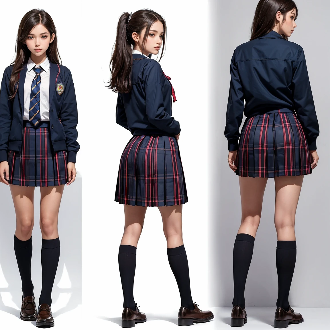 (Masterpiece, Best Quality:1.5), (stunning school girl:1.5), the most beautiful school girl in the world, full body, highly detailed beautiful face and eyes, loving look, school tie, knee length pleated skirt, tartan check skirt, school knee-high socks, loafers, perfect anatomy, (three view drawing, front and back and side, character sheet:1.2)