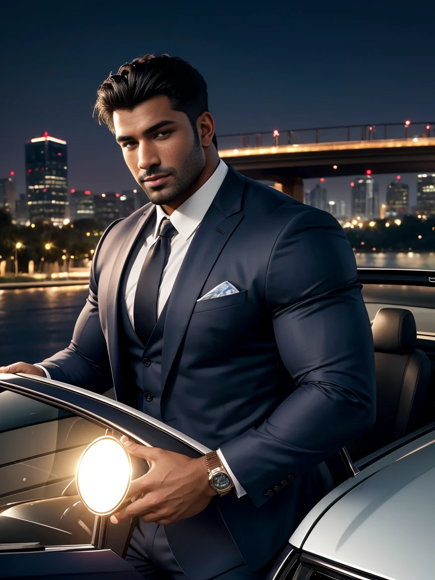 8k，8K resolution，2 Muscular Europeans, handsome man，charming eyes，dark skin,beautiful, smooth and shiny，Full muscles，Thick body hair， (wearing a stylish suit)，big bag highlights，Excellent j8，emphasize，Driving a luxury convertible，The car is full of roses，Two men smiling happily，professional lighting，Professional photography，Realistic photos，realistic model，realistic art，Perfect hand details