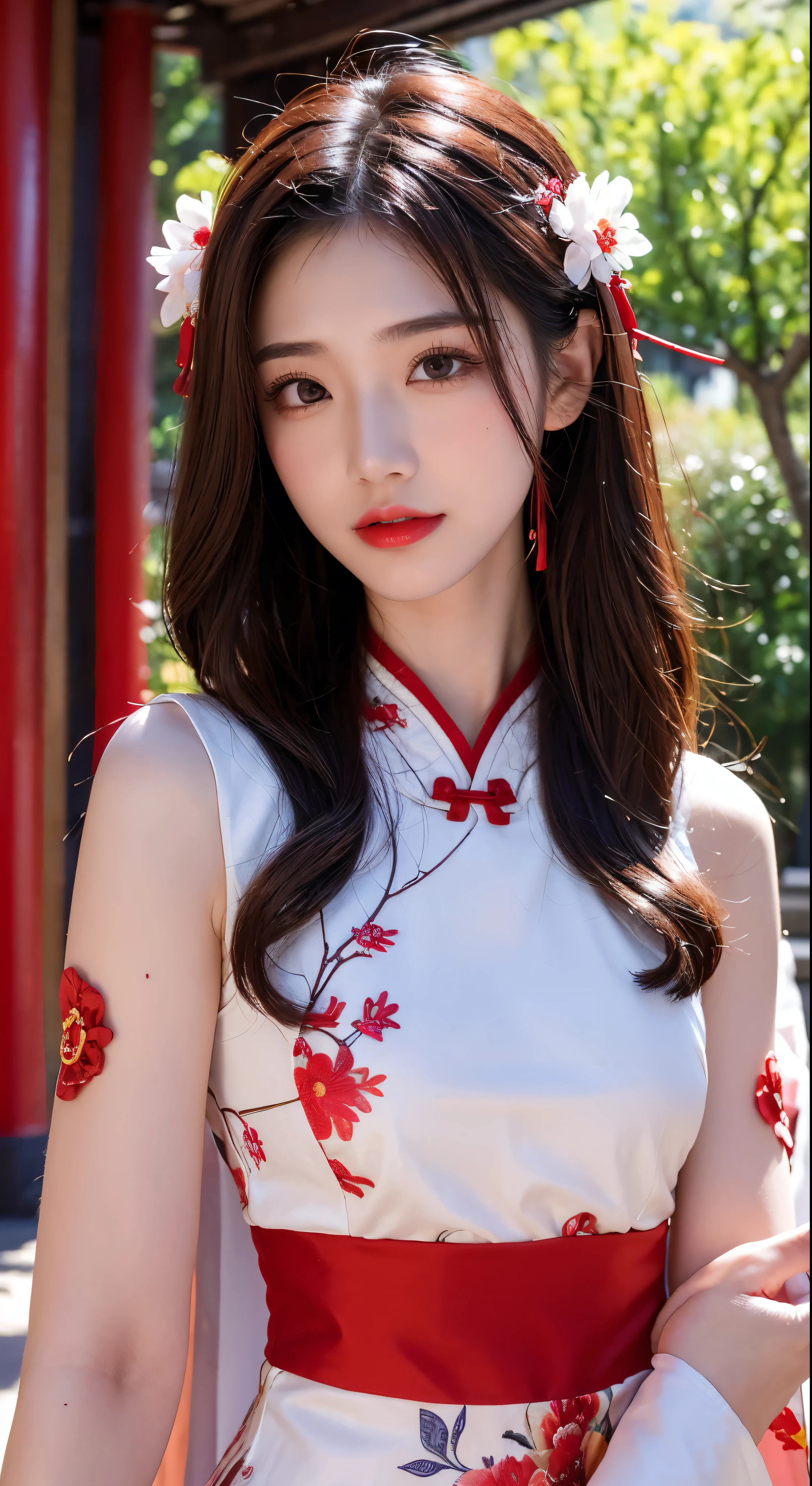 with high definition images,1girl,Upper Body,Facigirl,China dress,Chinese clothing,Hair Flower,(Masterpiece:1.4),(Highest quality:1.4),(Facial details),Red lips,Beholder's Perspective,Chestnut Hair,Parted lips,In the temple grounds。Bright sunshine，The dress is red