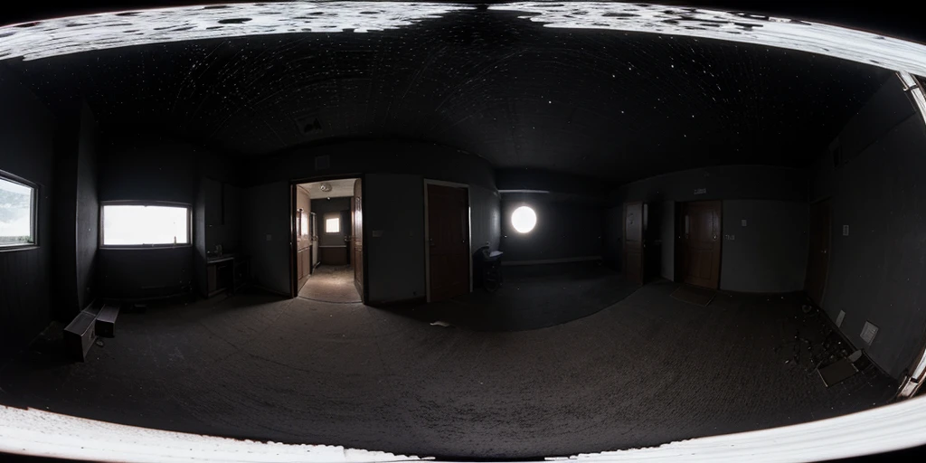 Equirectangular 360-degree panorama view photo with left and right ends seamlessly connected. ((darkness)), haunted ((lightless)) room, ((unlit)), midnight, shadow, moonlight, broken lights