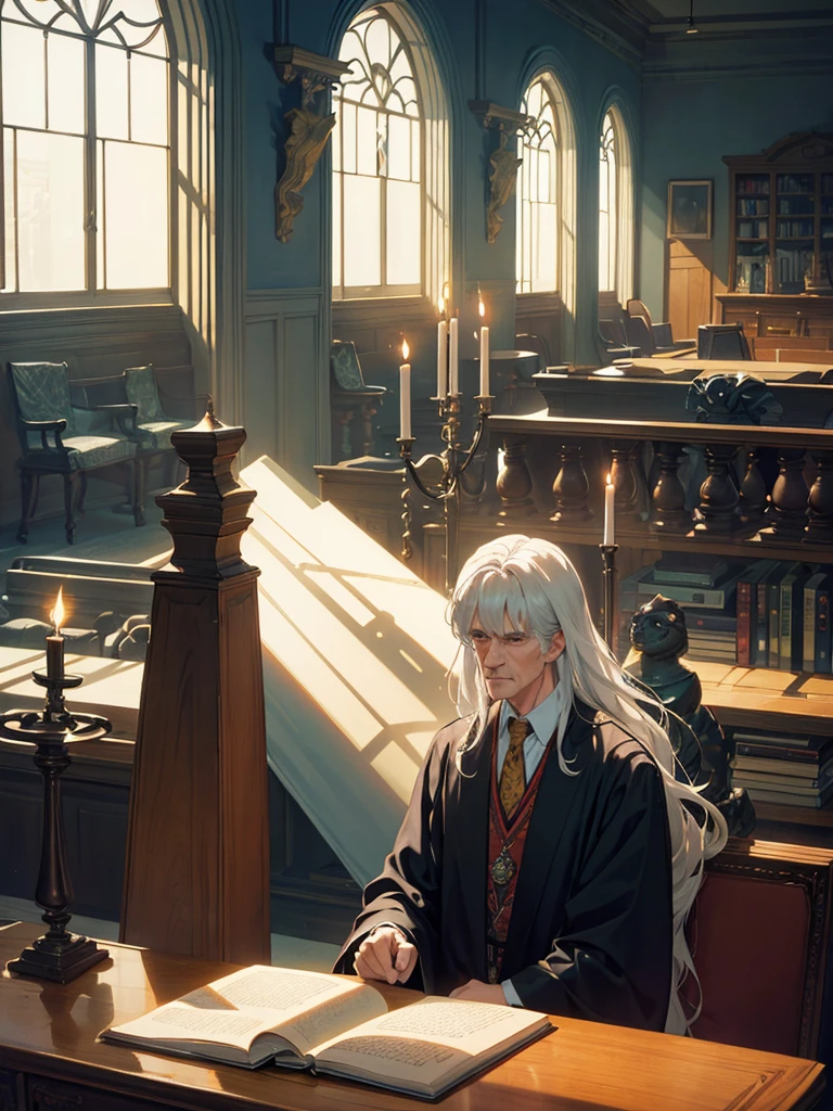 An 80s style office, in a fantasy world, with several book shelves, stuffed animal heads on the walls, a large oak table in the center, a large window and curtains behind the table. A white-haired old man wearing a black robe was sitting behind the table. A few candles in the corners illuminate the room. shunlight. ((anime styling))