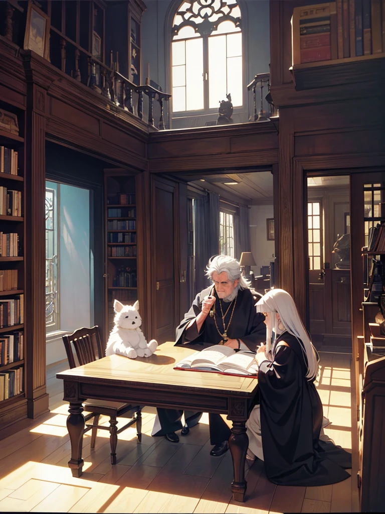 An 80s style office, in a fantasy world, with several book shelves, stuffed animal heads on the walls, a large oak table in the center, a large window and curtains behind the table. A white-haired old man wearing a black robe was sitting behind the table. A few candles in the corners illuminate the room. shunlight. ((anime styling))
