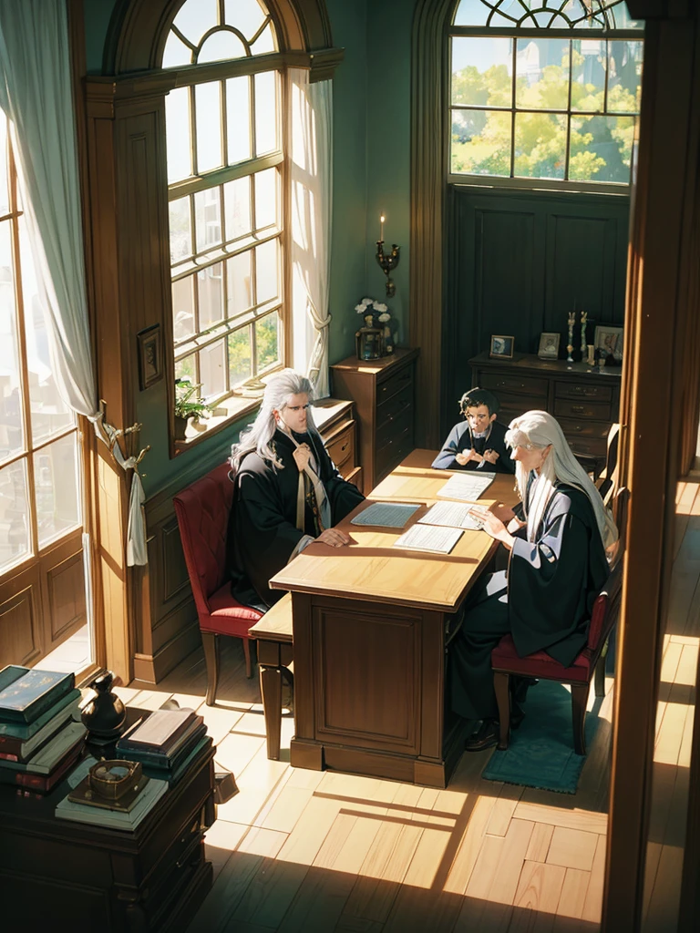 An 80s style office, in a fantasy world, with several book shelves, stuffed animal heads on the walls, a large oak table in the center, a large window and curtains behind the table. A white-haired old man wearing a black robe was sitting behind the table. A few candles in the corners illuminate the room. shunlight. ((anime styling))