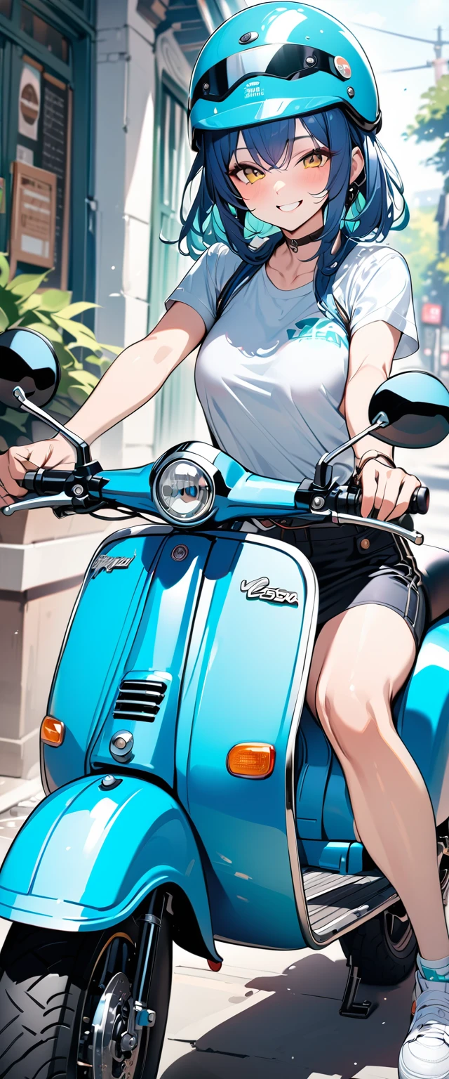 (masterpiece),(Highest quality:1.2),(Super detailed),(High resolution),(Highest quality),An illustration,8k,wallpaper,One female,Woman riding a green Vespa,(smile),A stylish helmet,Stylish clothing
