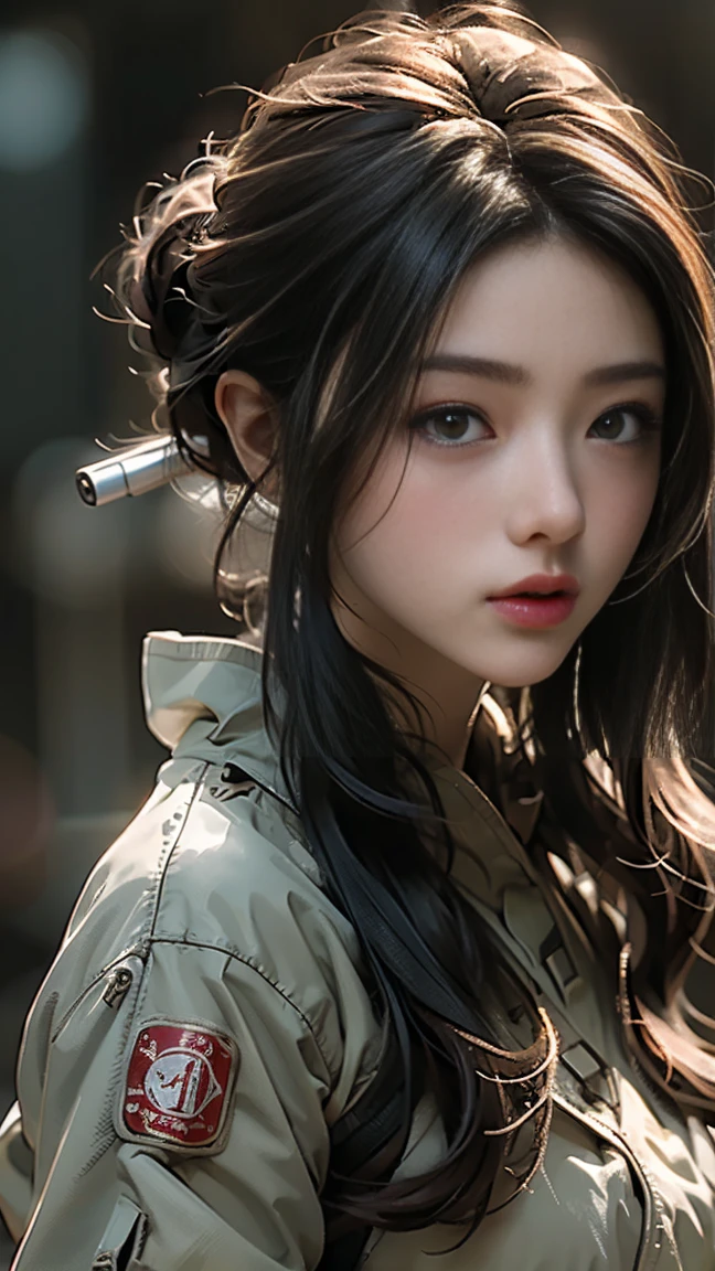 masterpiece, highest quality, Highest image quality, High resolution, photo realistic, Raw photo, female sniper holding sniper rifle, concentration in shooting, bullets in air, fire track in air