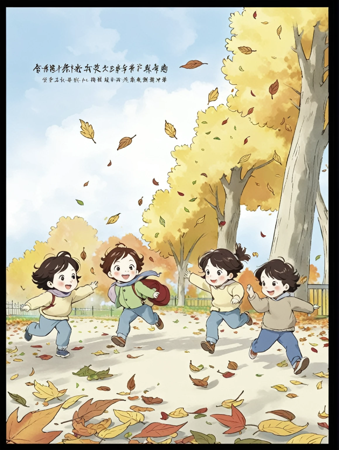 Three children playing in the park in autumn, in autumn, 在autumn, Official Fanart, Official Artwork, Official illustrations, Children's illustrations, 🍁 Lovely, Official Art, Wind blowing leaves, autumn, Autumn leaves falling, Cover Illustration, Children's Book Illustrations, Opening, Children's illustrations, Children's Book Illustrations, Autumn Wind,Standard action,Correct human body structure。Two boys,Two girls。