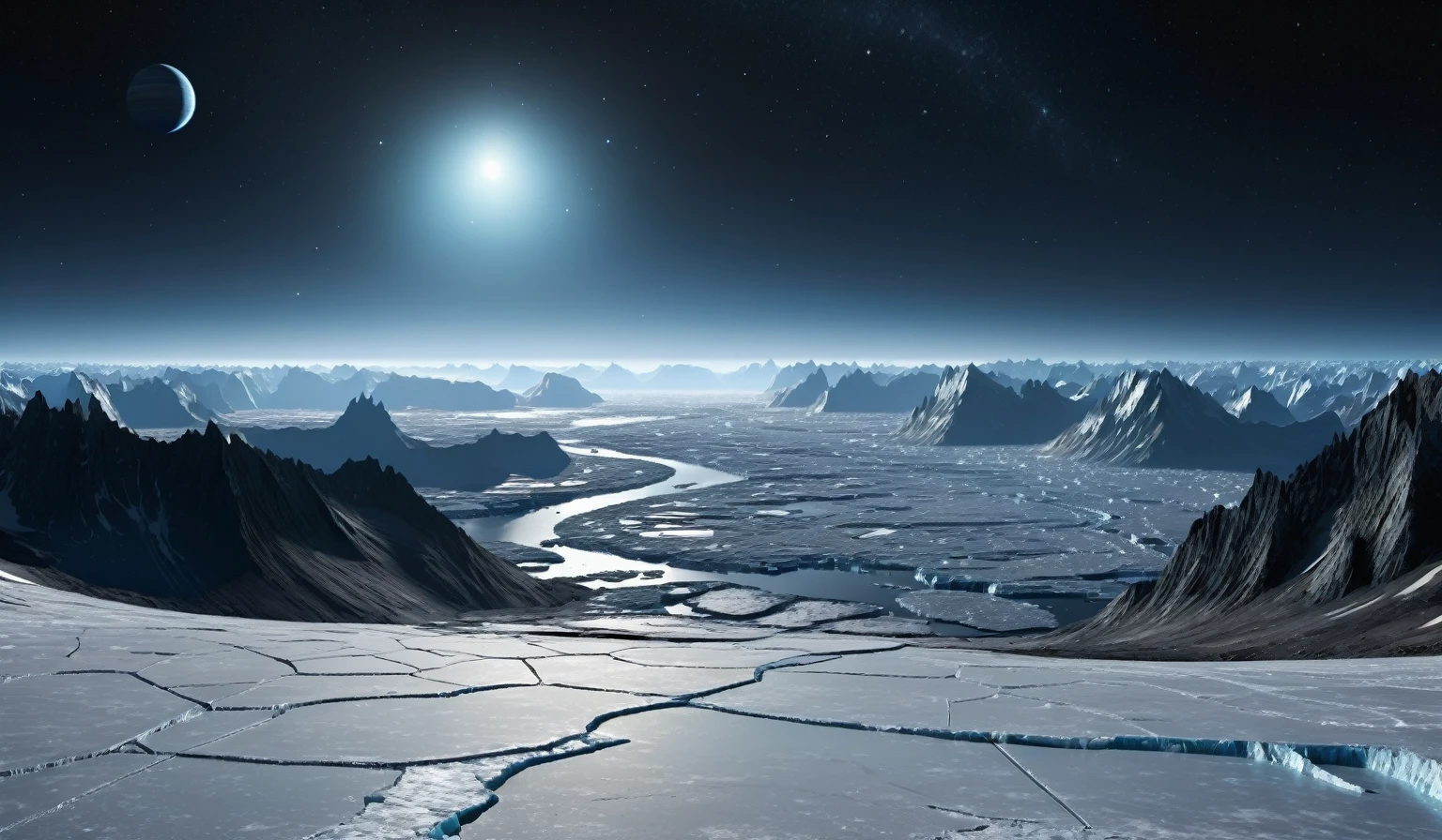 Looking out over the icy surface of this planet, The horizon is lit up by an alien satellite, The sky above the ice sheet is dark and starless, The scene should be cold and eerie., high resolution,image,,Very detailed,((best quality)), Ultra-high resolution, (Practical:1.4),Intricate details