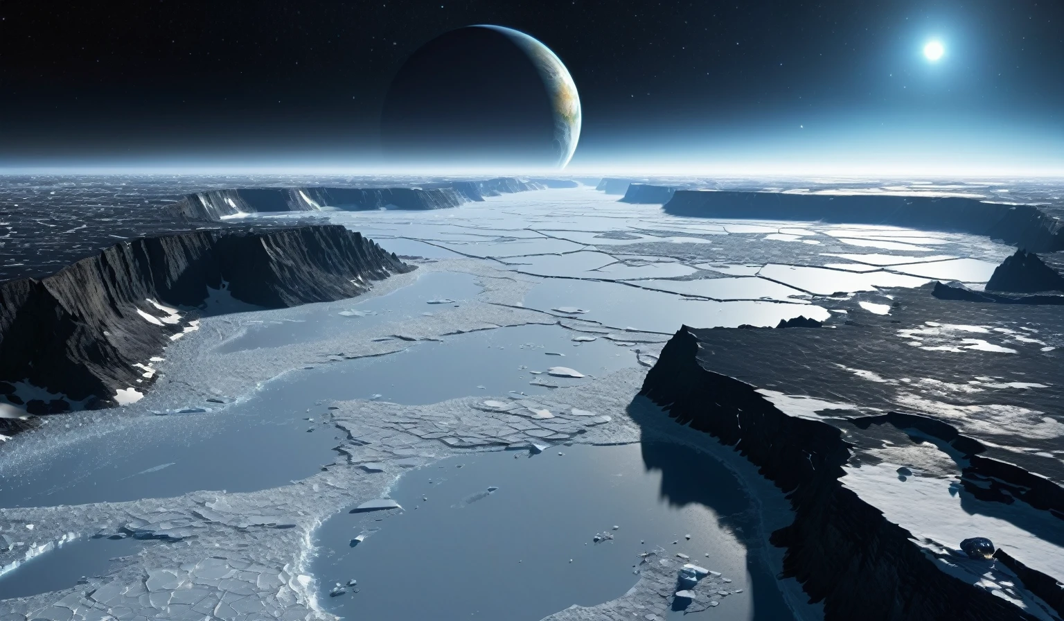 Looking out over the icy surface of this planet, The horizon is lit up by an alien satellite, The sky above the ice sheet is dark and starless, The scene should be cold and eerie., high resolution,image,,Very detailed,((best quality)), Ultra-high resolution, (Practical:1.4),Intricate details